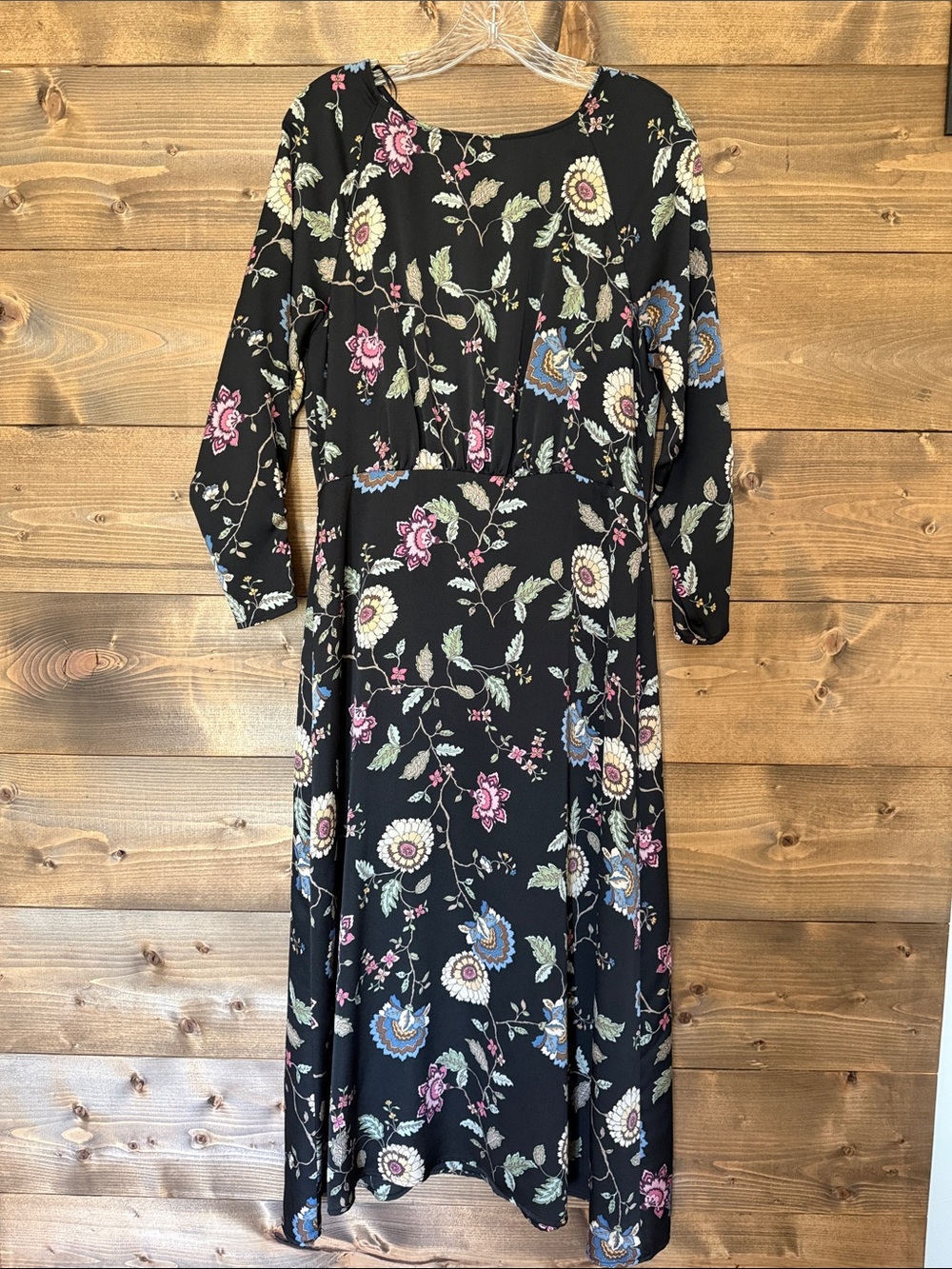 Vince Camuto Black Floral Long Sleeve Midi Dress with Pink & Blue Blooms